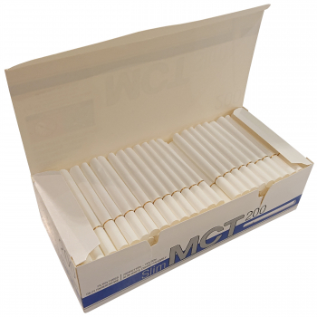 Gilza MCT Slim WHITE cienka 200 szt do papierosów otwarte